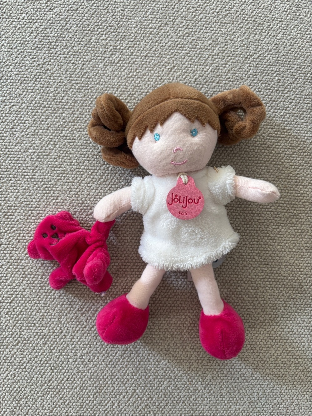 Jolijou Paris Demoiselle Plush 8" Doll w Pink Teddy Bear White Dress Brown Hair